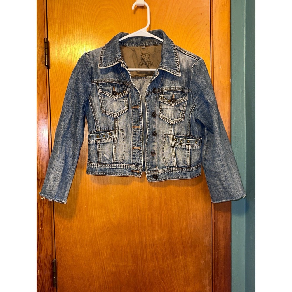 Geisha Jeans Womens Small Studded Denim Jacket Raw Edge Sleeves Vintage Rare‎
